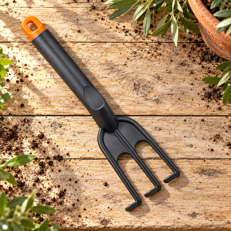 râteau à main compact de BLACK+DECKER, mise en situation au jardin