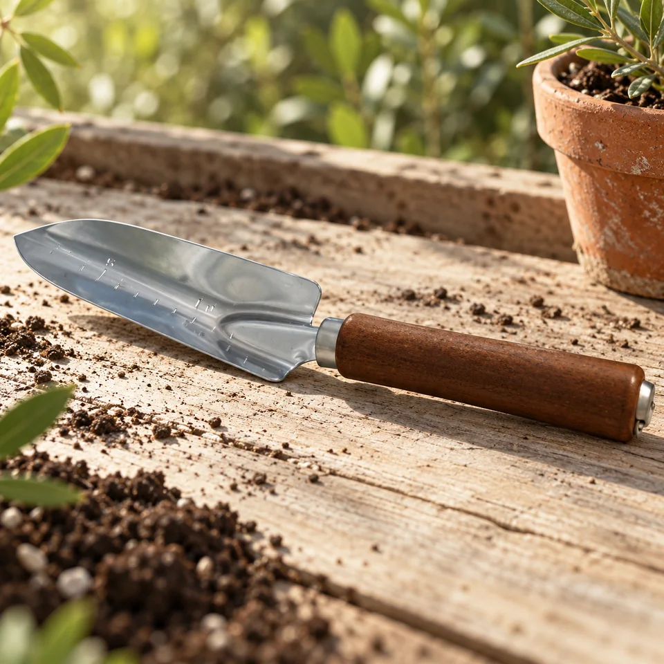 transplantoir gradué en acier chromé de Bonsai, mise en situation au jardin