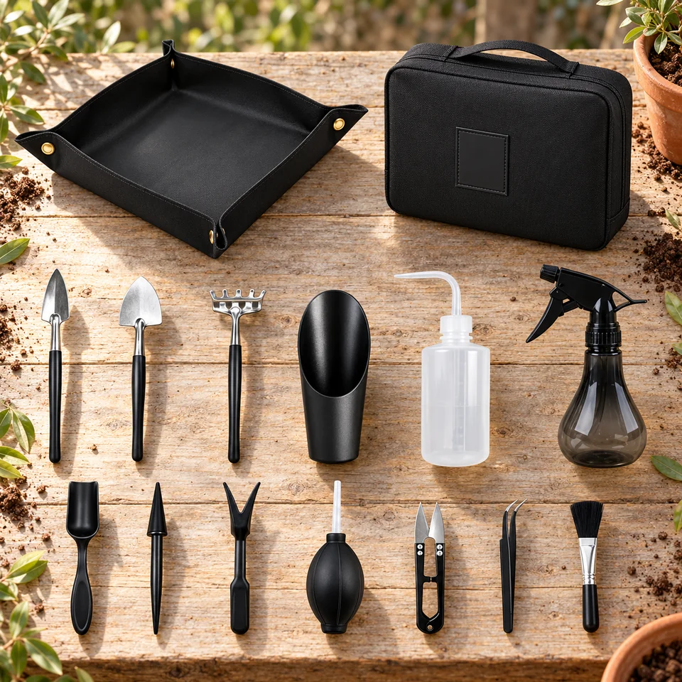 kit de quinze mini-outils avec tapis de Dcceeo, mise en situation au jardin