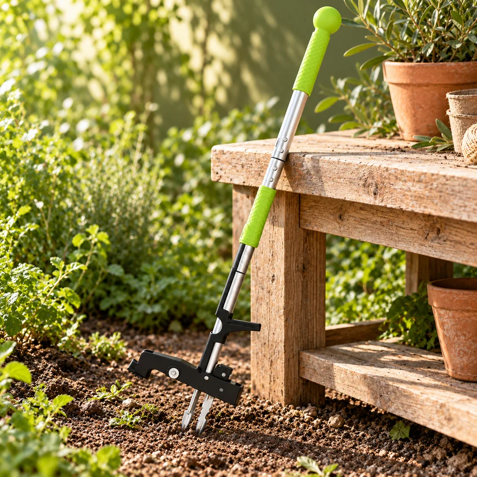 désherbeur à quatre griffes et pédale de Ergohortus, mise en situation au jardin