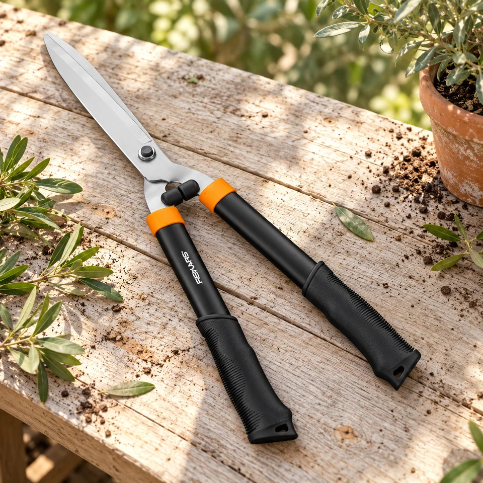 cisaille à haies HS21 59 cm de Fiskars, mise en situation au jardin