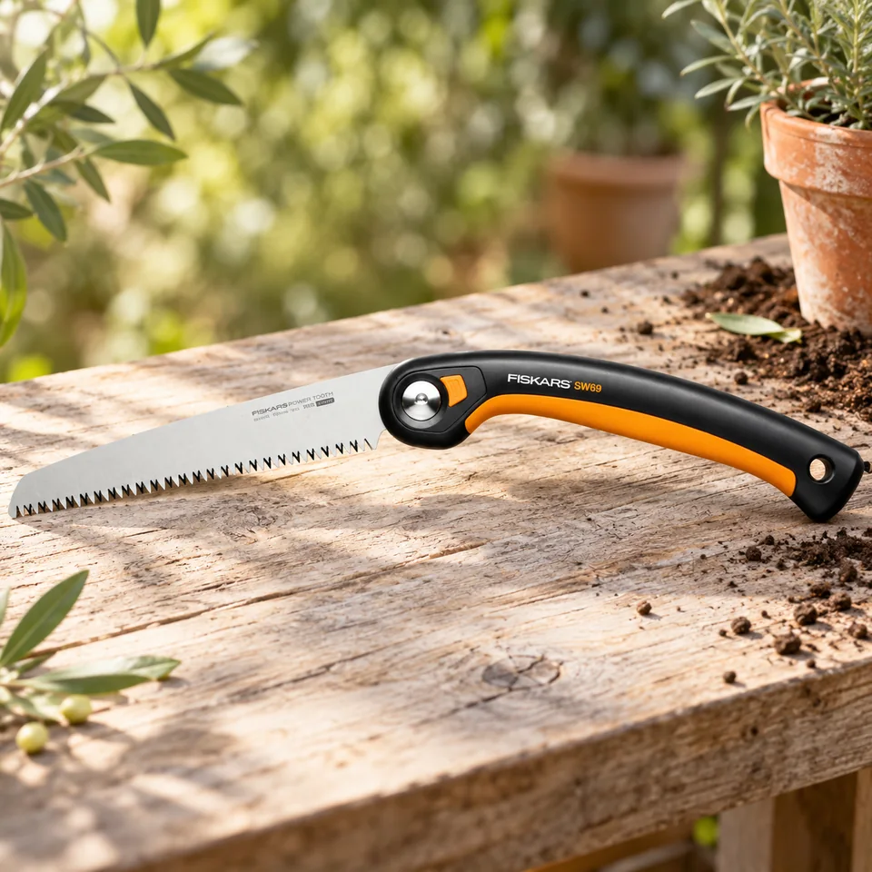 scie pliante Plus SW69 de Fiskars, mise en situation au jardin