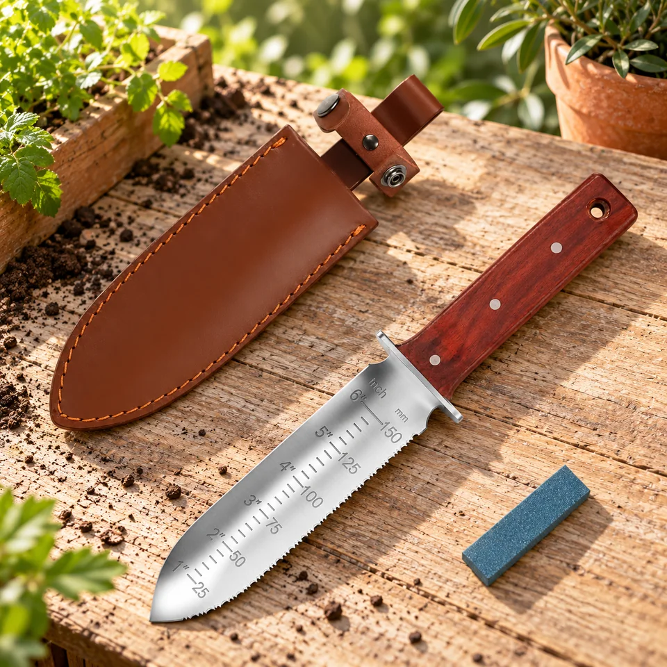couteau Hori Hori avec fourreau de FLORA GUARD, mise en situation au jardin