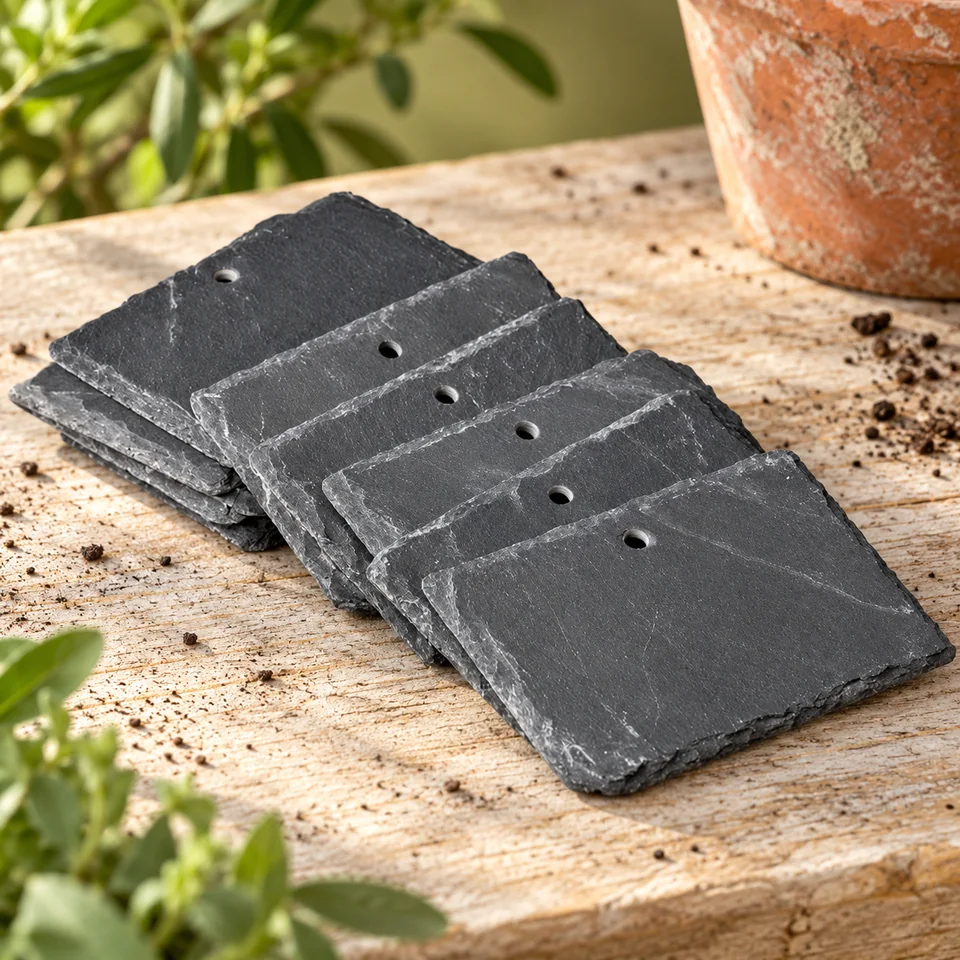 dix étiquettes ardoise 10 × 7 cm de GardenMate, mise en situation au jardin