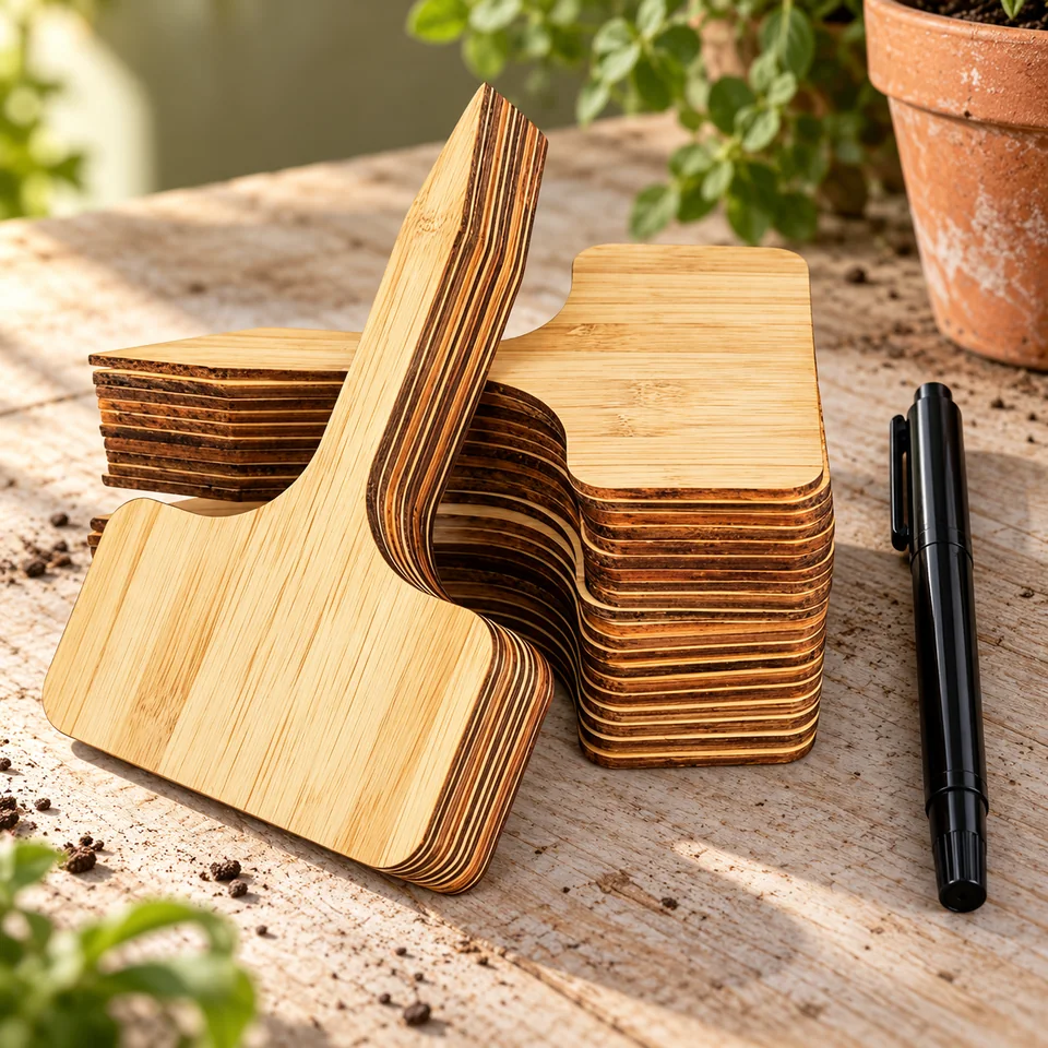 ensemble d’étiquettes en bambou de GleamGlide, mise en situation au jardin