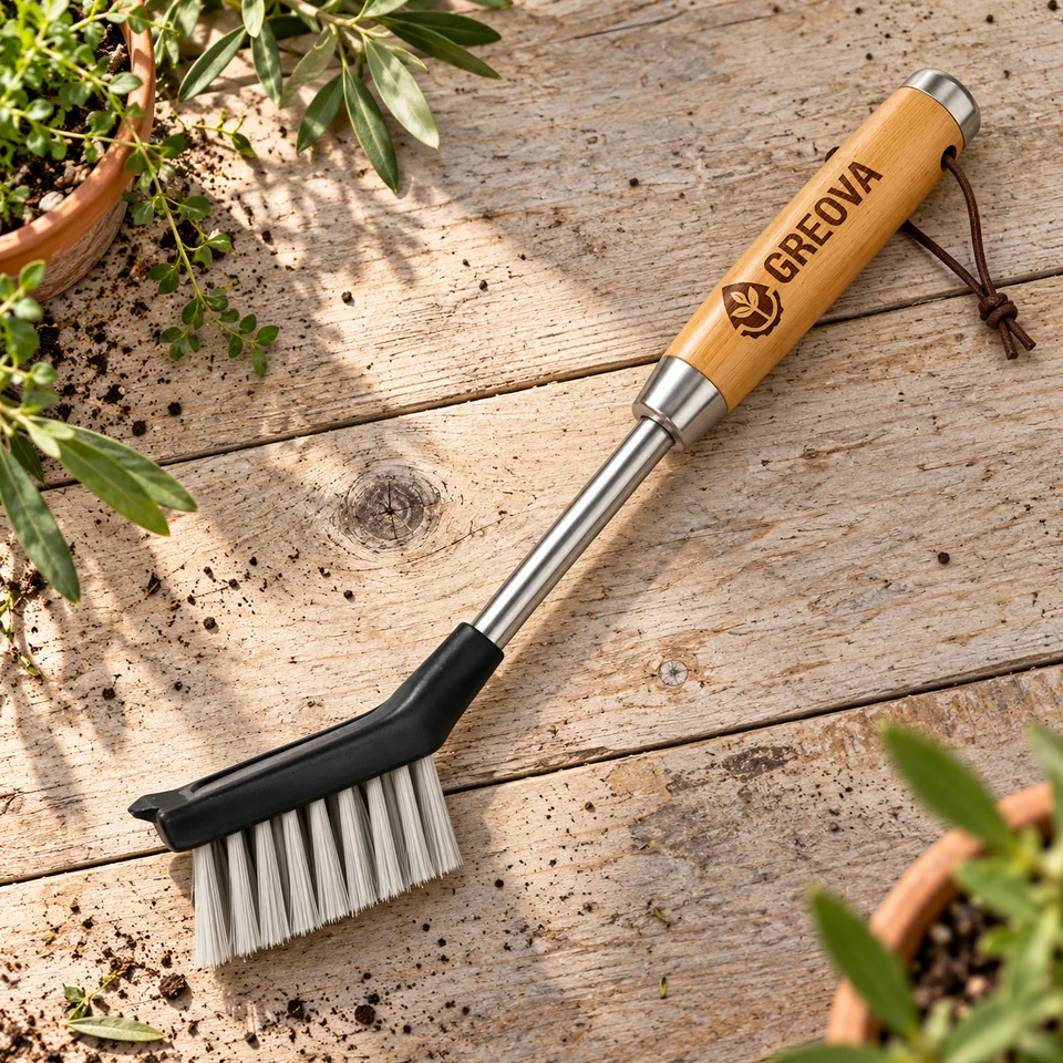 brosse CleanTool Pro avec grattoir de GREOVA, mise en situation au jardin