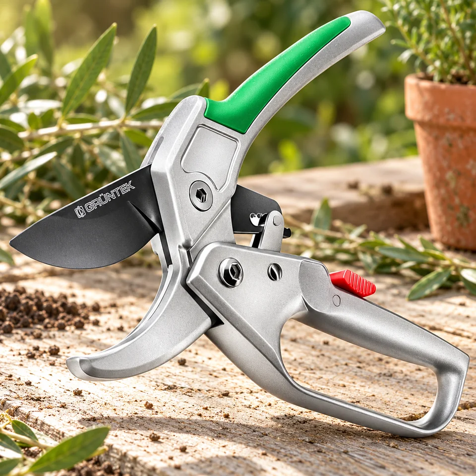sécateur Condor à enclume et cliquet de GRÜNTEK, mise en situation au jardin