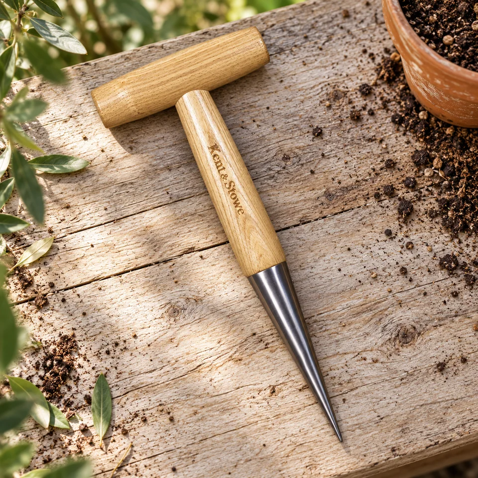 plantoir traditionnel inox et frêne de Kent & Stowe, mise en situation au jardin