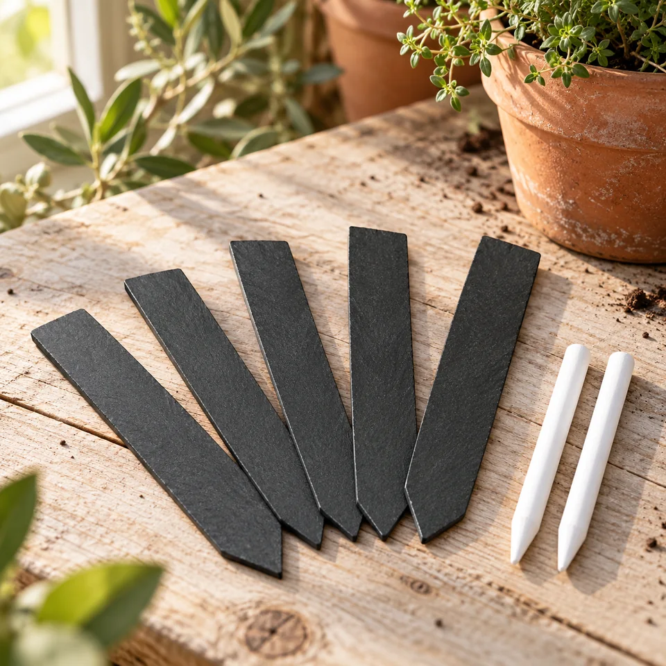 vingt étiquettes ardoise 15 × 2 cm de KINGLAKE, mise en situation au jardin