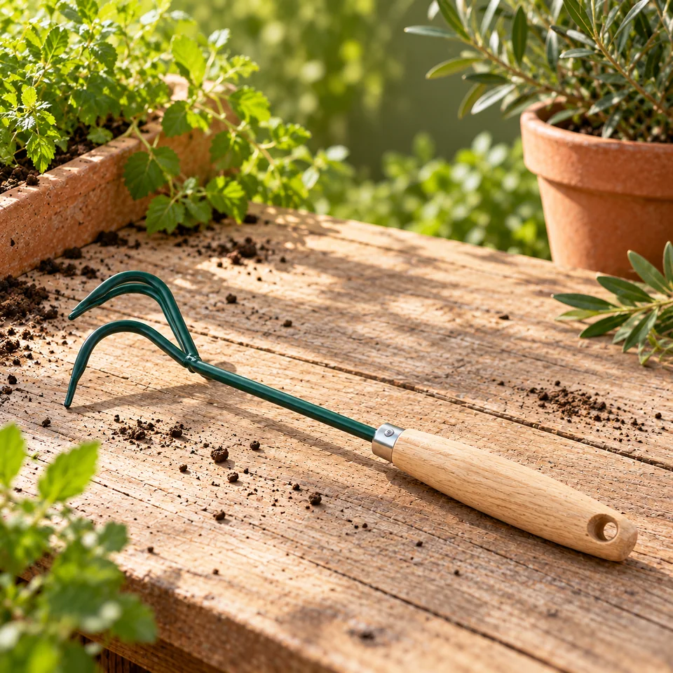 petite griffe trois dents manche bois de Leborgne, mise en situation au jardin