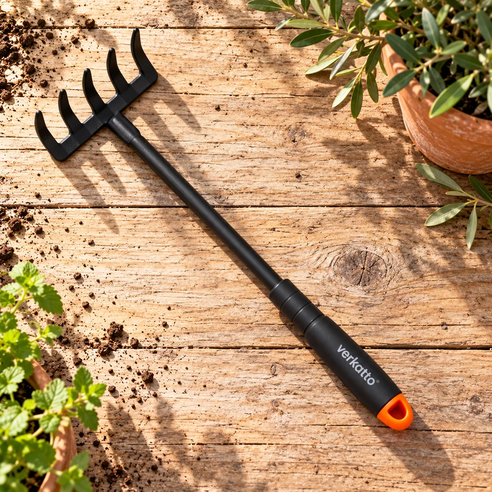 râteau à main cinq dents 9 cm de MIVOS, mise en situation au jardin
