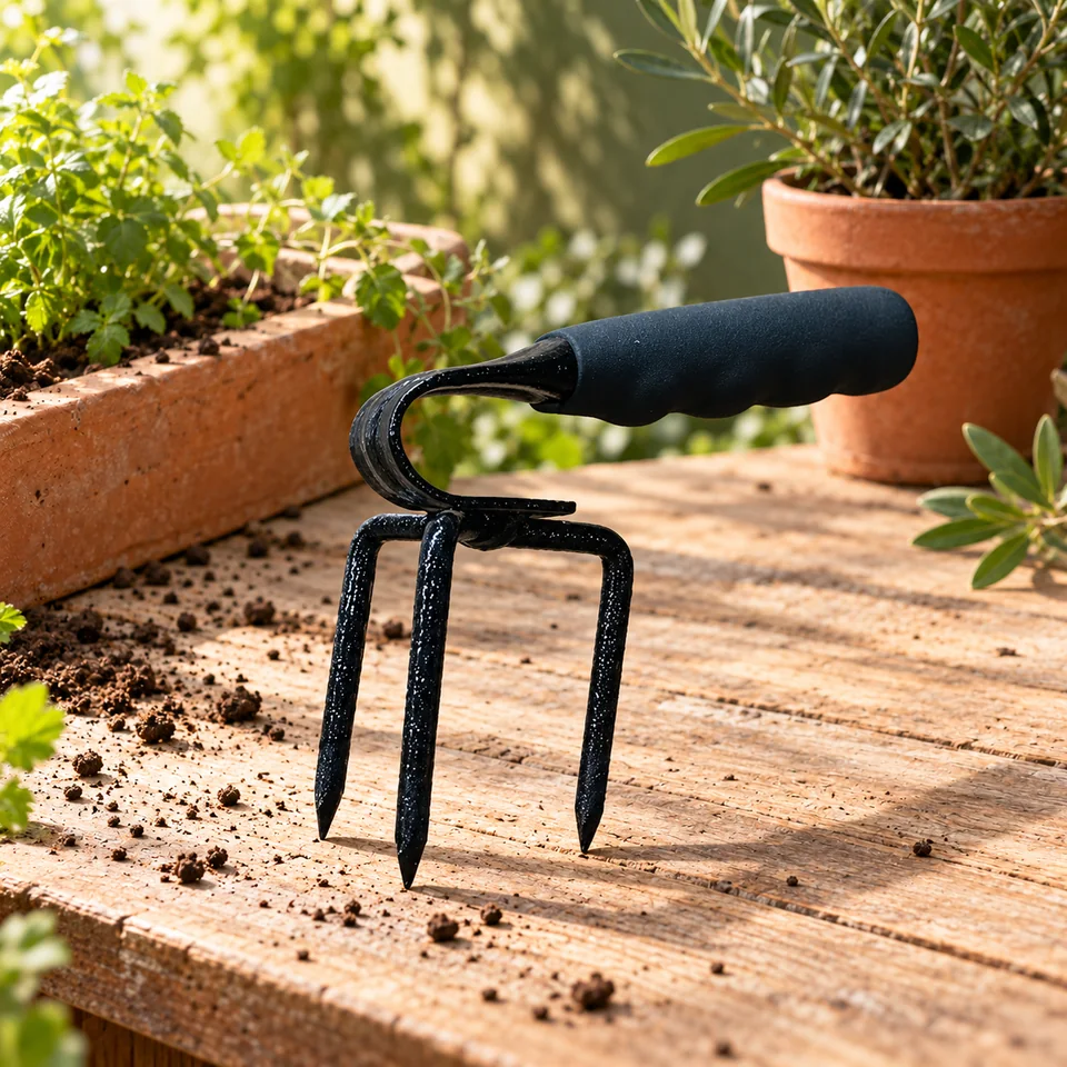 griffe rotative à main trois dents de Mon Mobilier Design, mise en situation au jardin