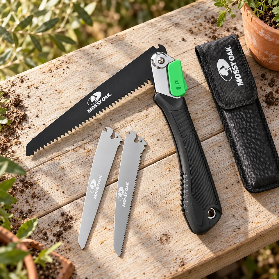 scie pliante trois en un de Mossy Oak, mise en situation au jardin