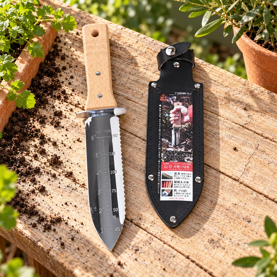transplantoir Hori Hori inox Nisaku de 仁作 nisaku, mise en situation au jardin