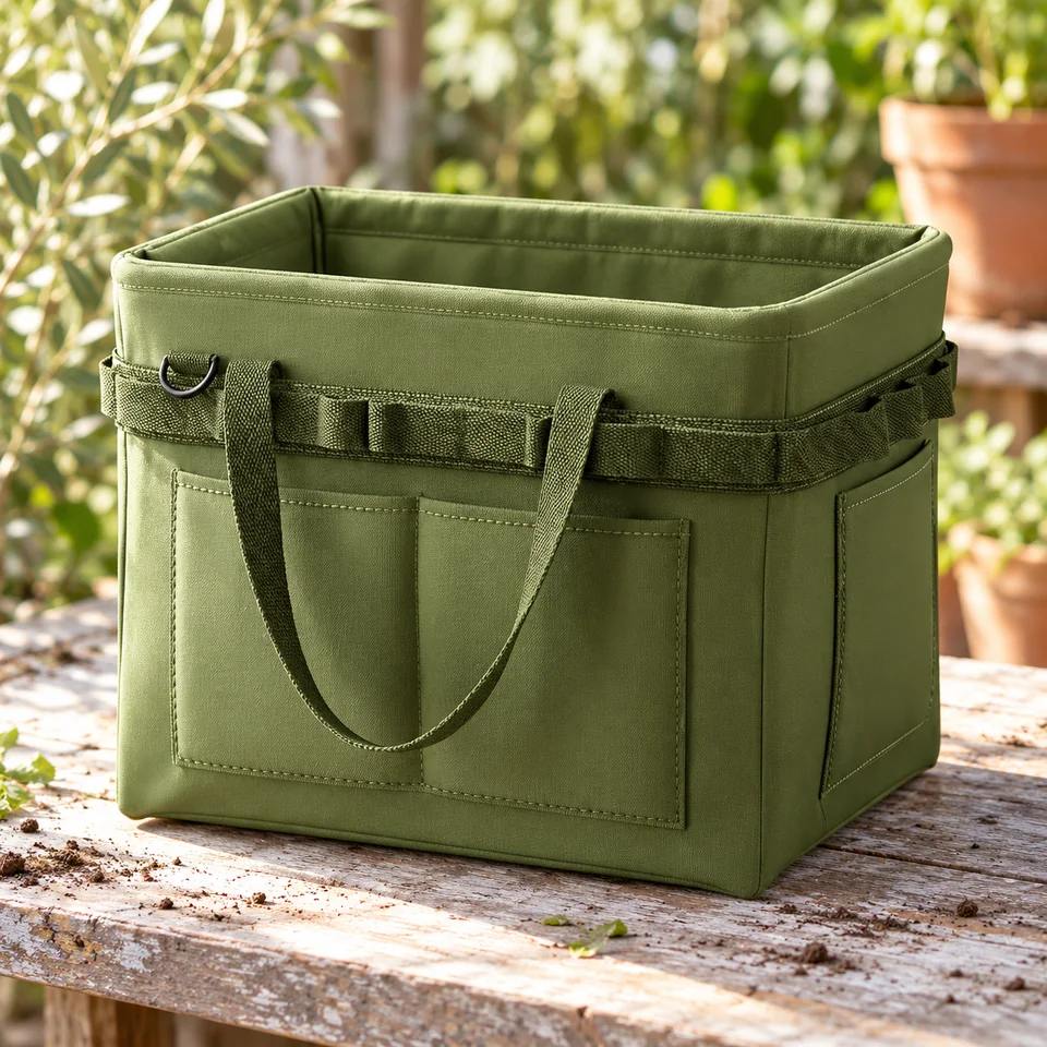 sac à outils vide 37 × 27 × 33 cm de Qixuer, mise en situation au jardin