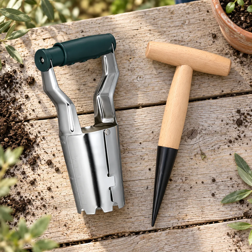 lot de deux outils de plantation de Relaxdays, mise en situation au jardin