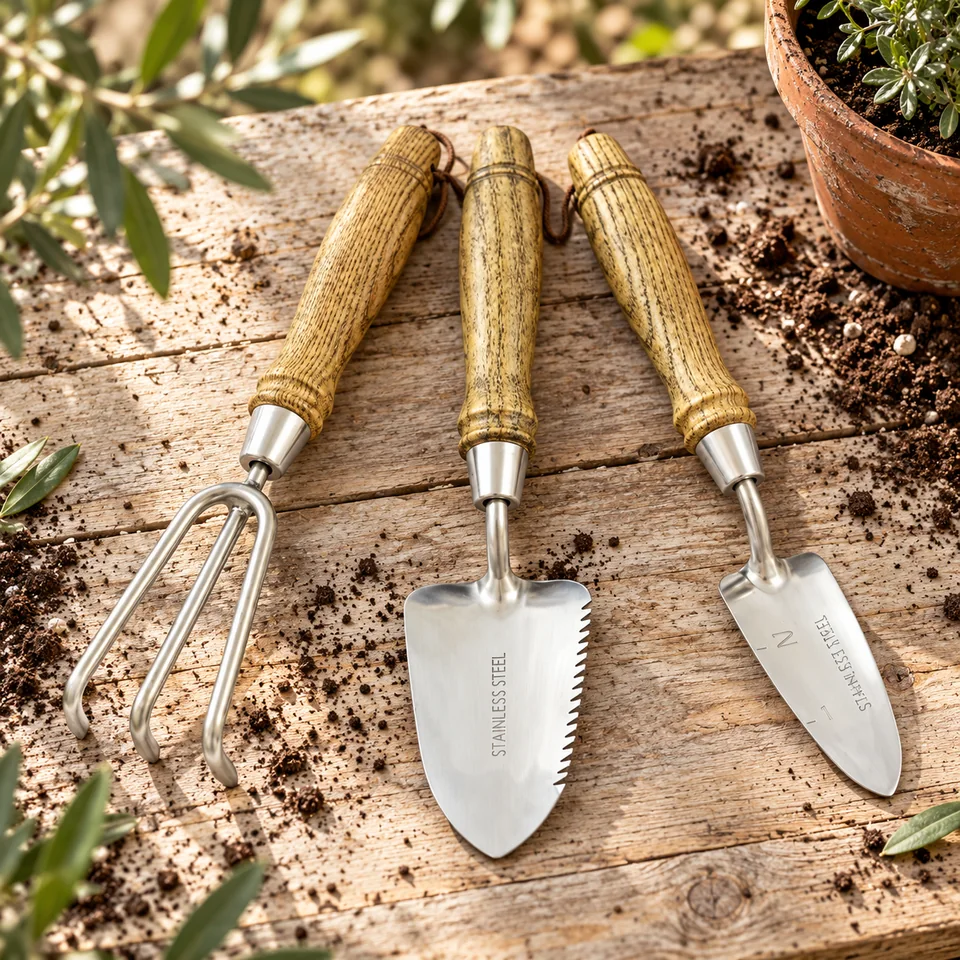 trois mini-outils inox POTTING3PS de Spear & Jackson, mise en situation au jardin
