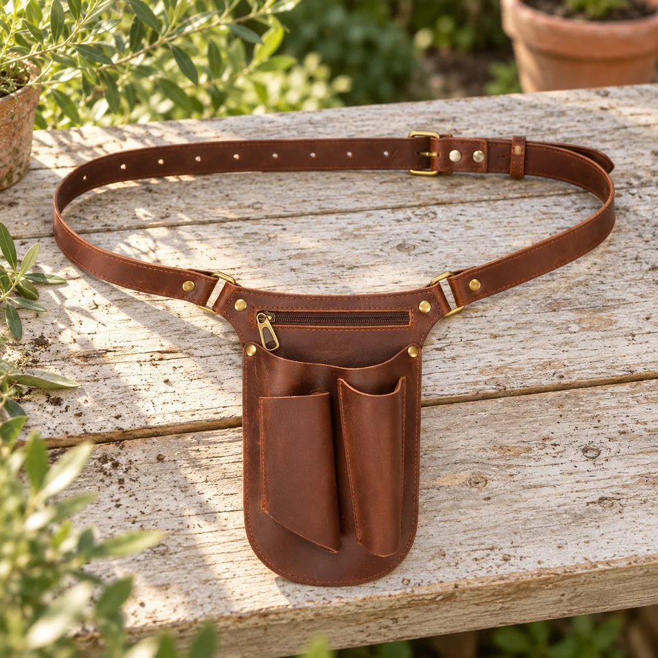ceinture à outils de jardin en cuir de TOURBN, mise en situation au jardin