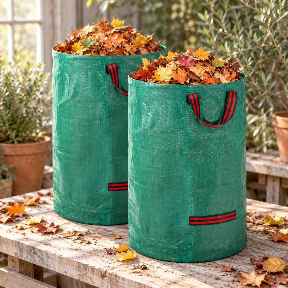 deux sacs à déchets de jardin 120 litres de Velway, mise en situation au jardin