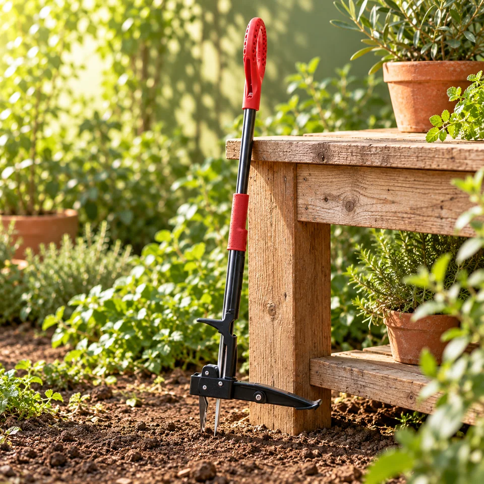 désherbeur manuel Rootslayer de Venteo, mise en situation au jardin