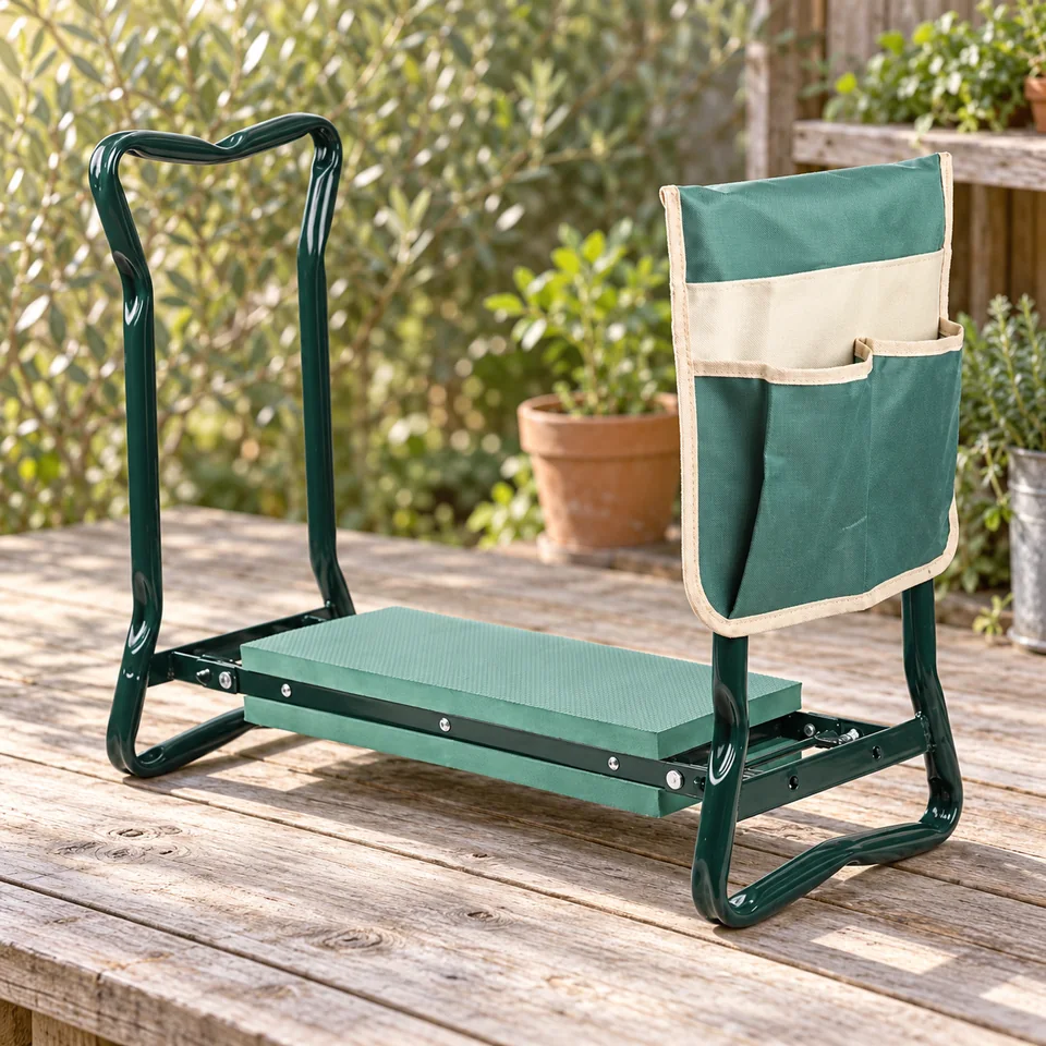 banc agenouilloir pliable deux en un de vounot, mise en situation au jardin