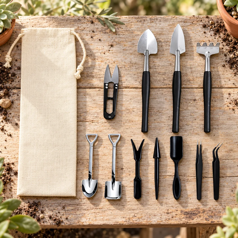 kit de douze outils pour succulentes de Wobodan, mise en situation au jardin