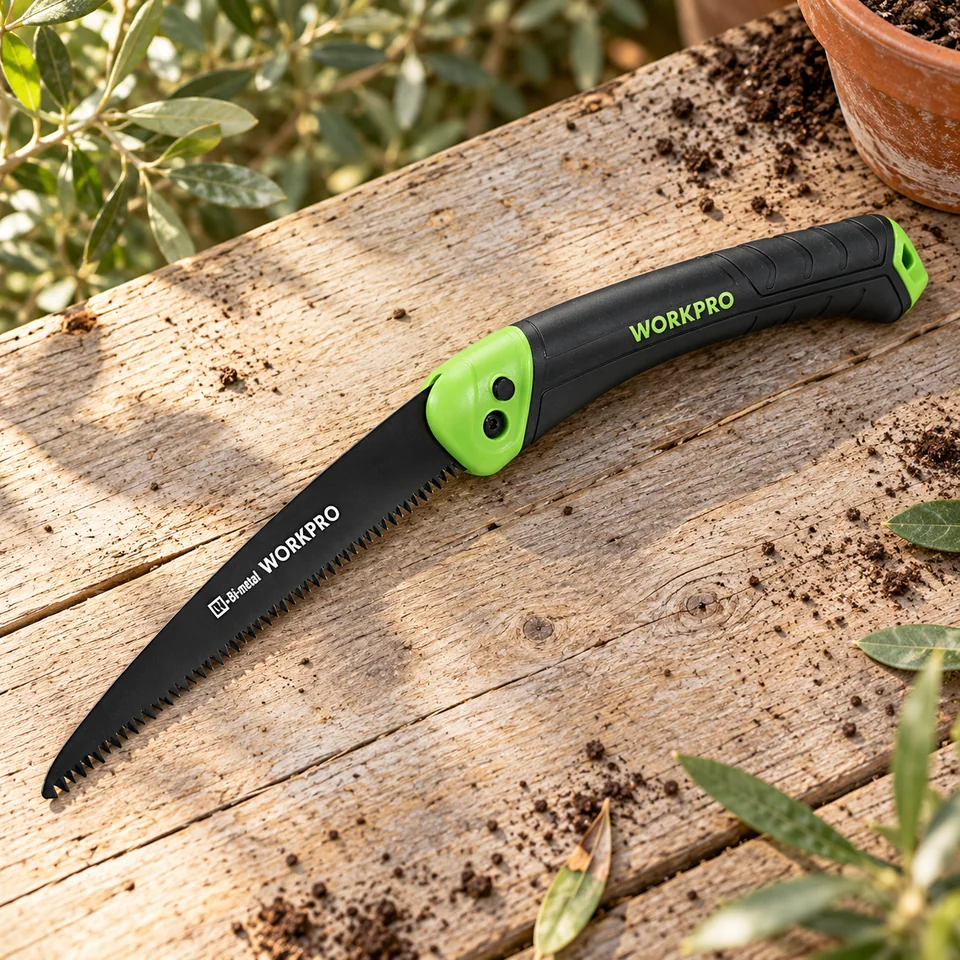 scie d’élagage pliante bimétal de WORKPRO, mise en situation au jardin